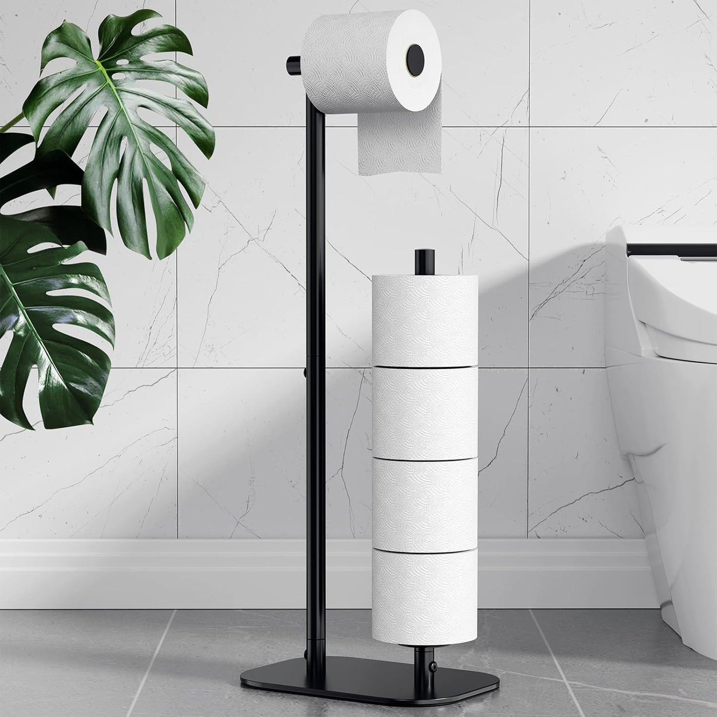 Kitsure Toilet Paper Holder - Large Capacity Free Standing Design for 4 Rolls, Rustproof & Non-Slip, Black