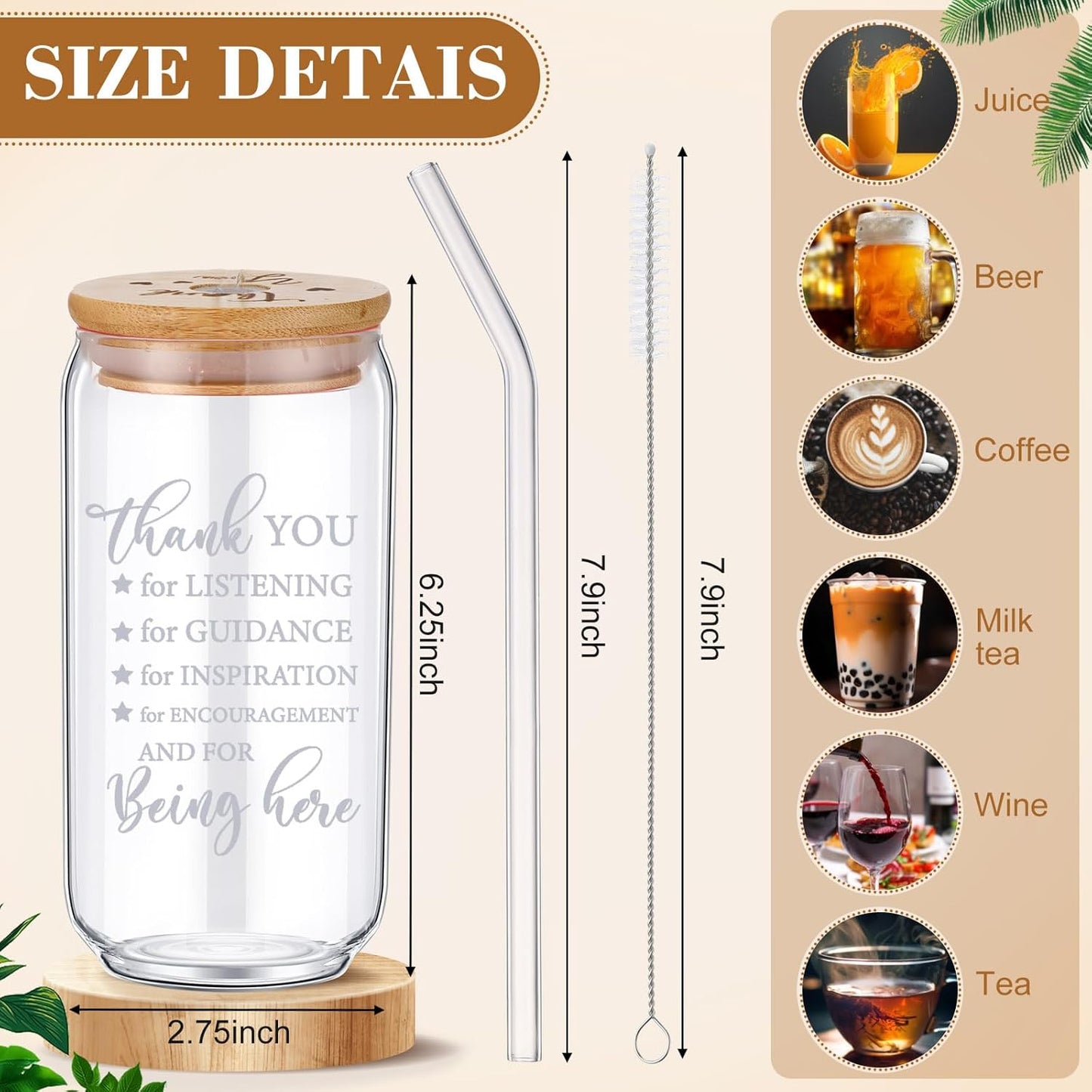 Tioncy 12 Pcs Positive Thank You Gifts for Women Appreciation Teacher Nurse Christian Religous Gifts 16oz Glass Cup with Bamboo Lids Straws Coffee Drinking Jars for Coworker