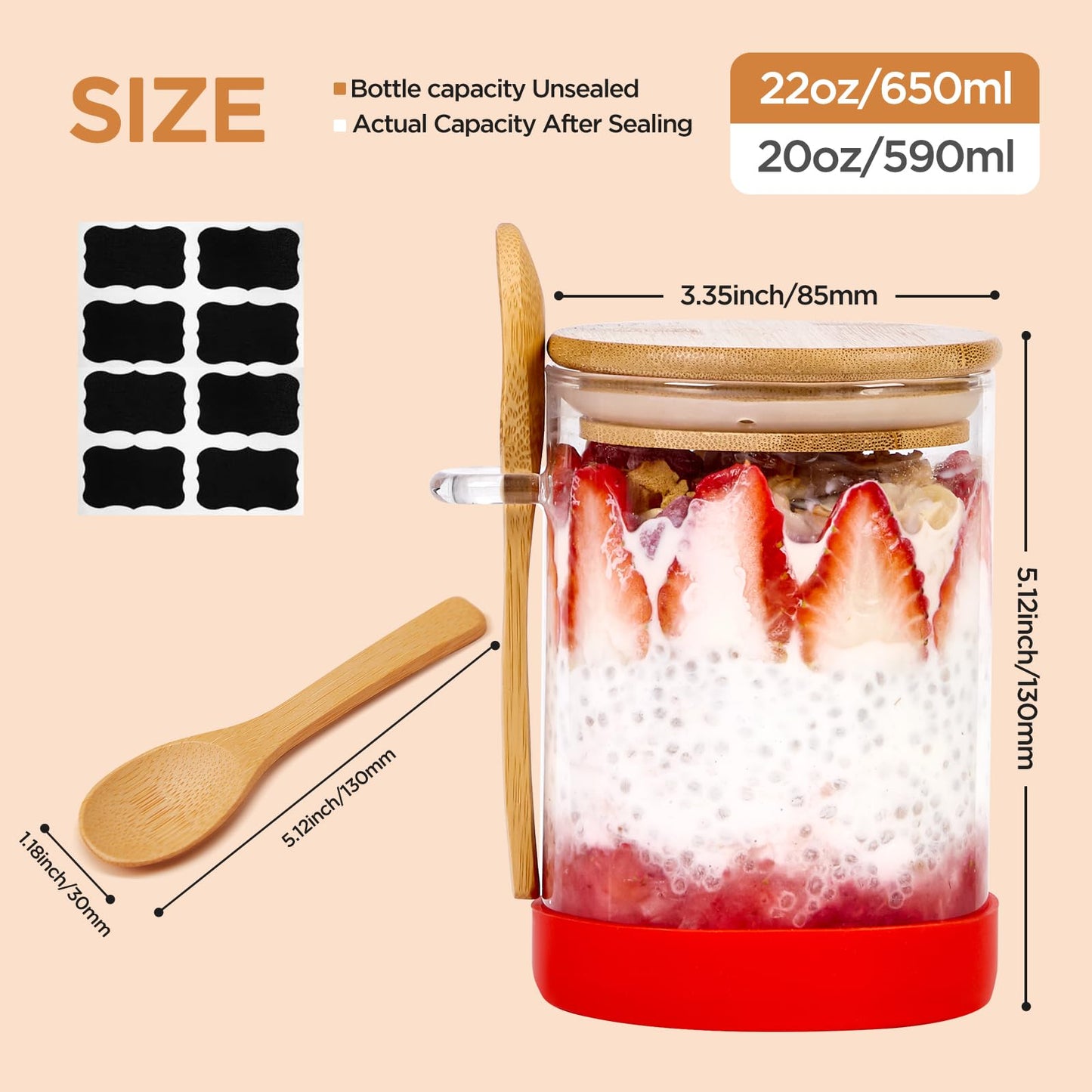 Spreccio Set of 6 Airtight Overnight Oats Jars with Bamboo Lids and Spoons, 22 OZ Overnight Oats Containers with Lids,Glass Food Storage Jar Perfect for Coffee, Tea, Sugar, Beans, and More