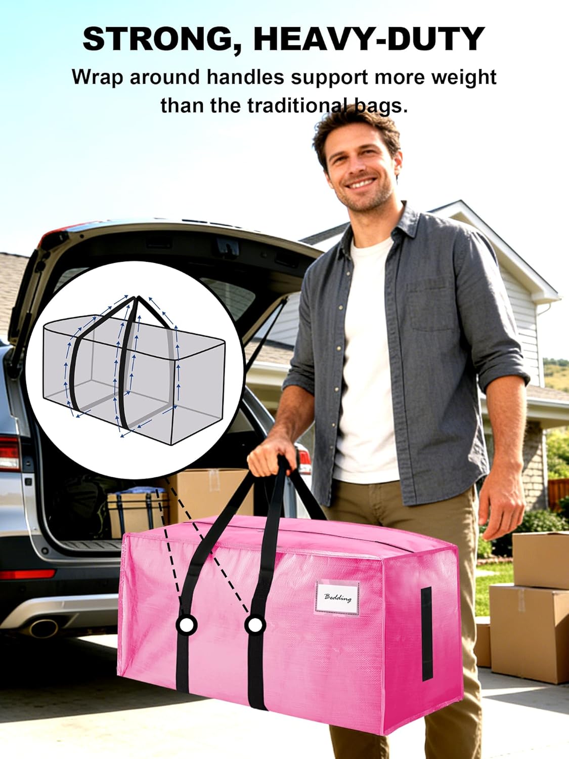 Strong Moving Bags - 12 Pack Water-Resistant Storage Totes with Zippers & Handles | Heavy Duty, Space-Saving (Pink)