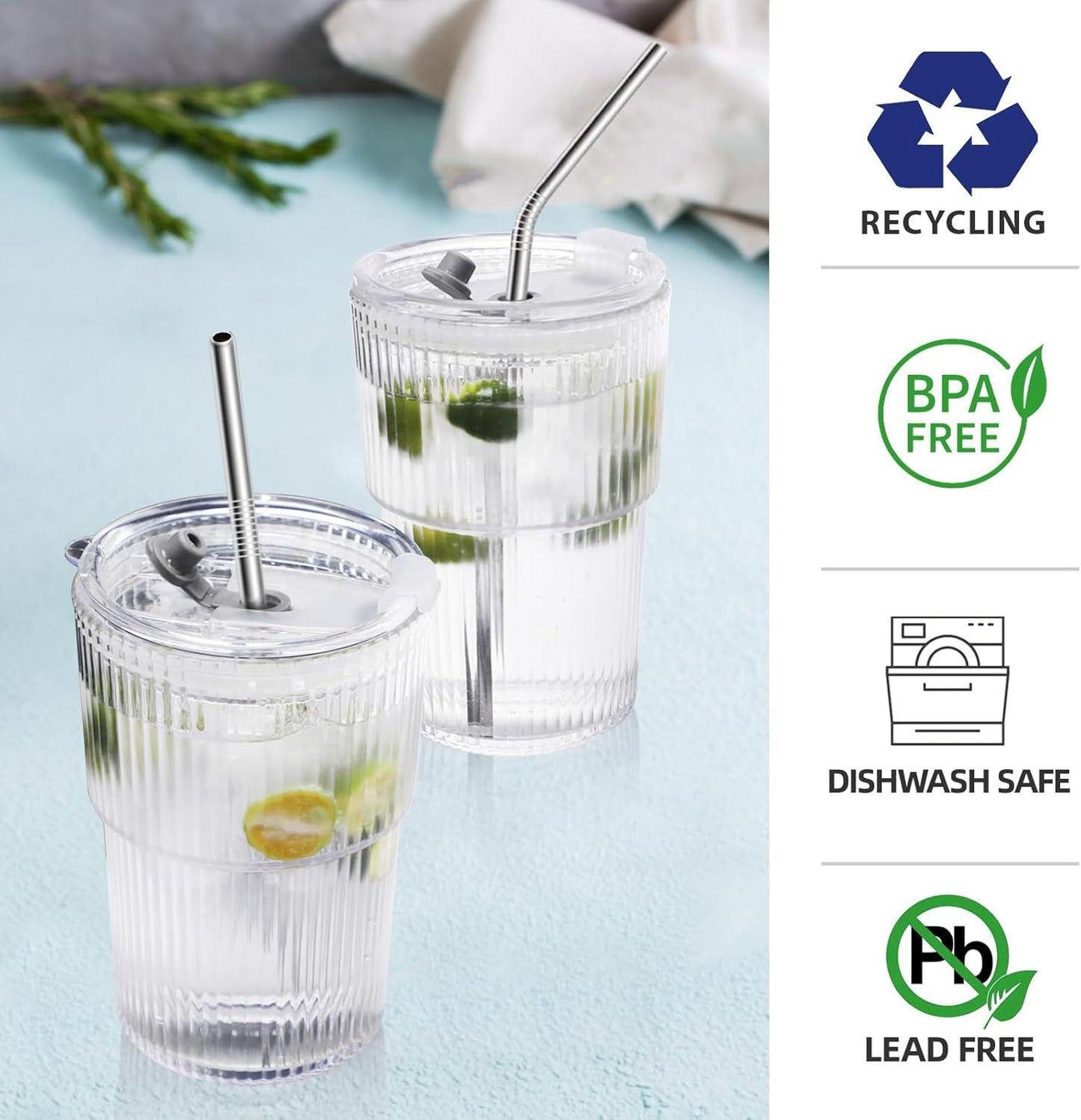 Skiennix 16 OZ Iced Coffee Cups - Unbreakable Reusable Plastic Glasses with Lids & Straws | BPA Free, Dishwasher Safe, Set of 4