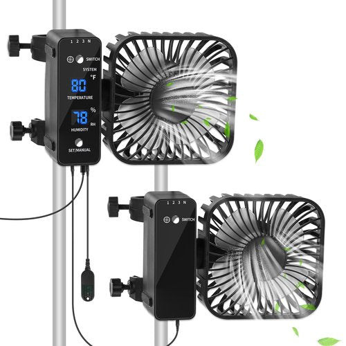 DAOTAILI 2-Pack 4” Grow Tent Fan With Temperature And Humidity Meter,Automatic Humidity Control,Oscillating Fan For Hydroponic Ventilation Circulation With Clips,Adjustable Speed Quiet Greenhouse