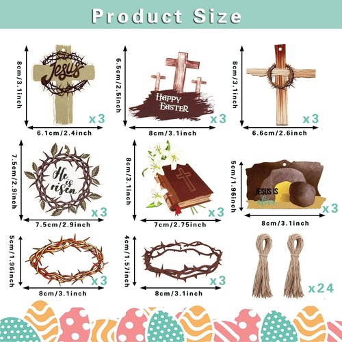 He Is Risen Wooden Signs | 24 Piece Easter Day Hanging Ornaments - Crown of Thorns & Jesus Cross Decor