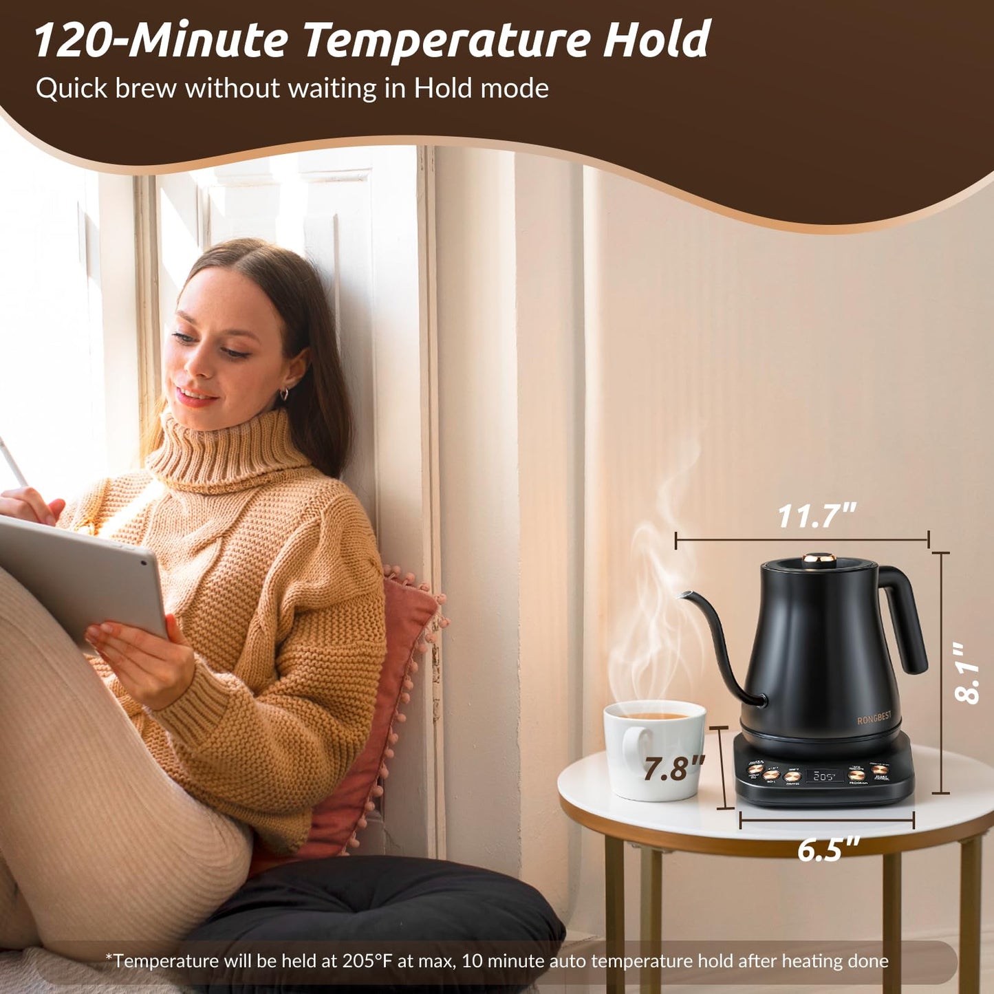 RONGBEST Electric Gooseneck Kettle 1L, 6 Temperature Presets, 1200W Quick Heating Water Pour Over Coffee & Tea Pot with Auto Shut-off & Keep-warm, Stainless Steel Inner & Lid, Matte Black