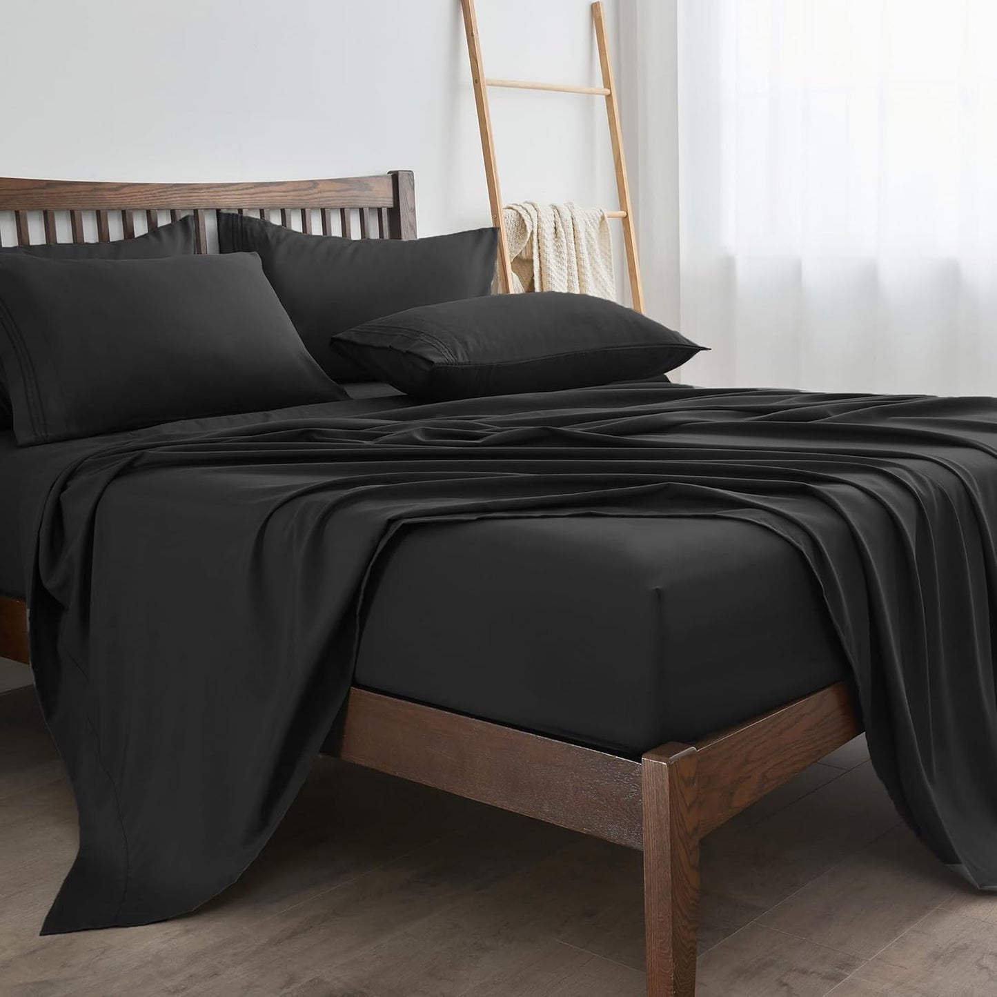 LINENLINE Full Sheet Set - Soft & Breathable Bamboo Rayon | 6-Piece Cooling Sheets, 16" Deep Pocket, Black