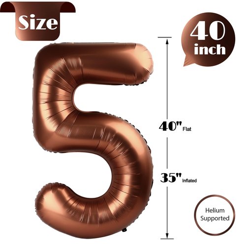 Dark Brown 5 Number Balloons - 40 Inch, 5th Birthday Decorations