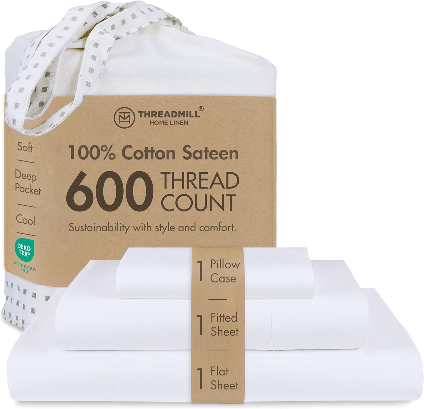 Threadmill 100% Cotton Twin XL Bed Sheets Set - 600 Thread Count with 15” Deep Pocket | Cooling Sateen Weave, White