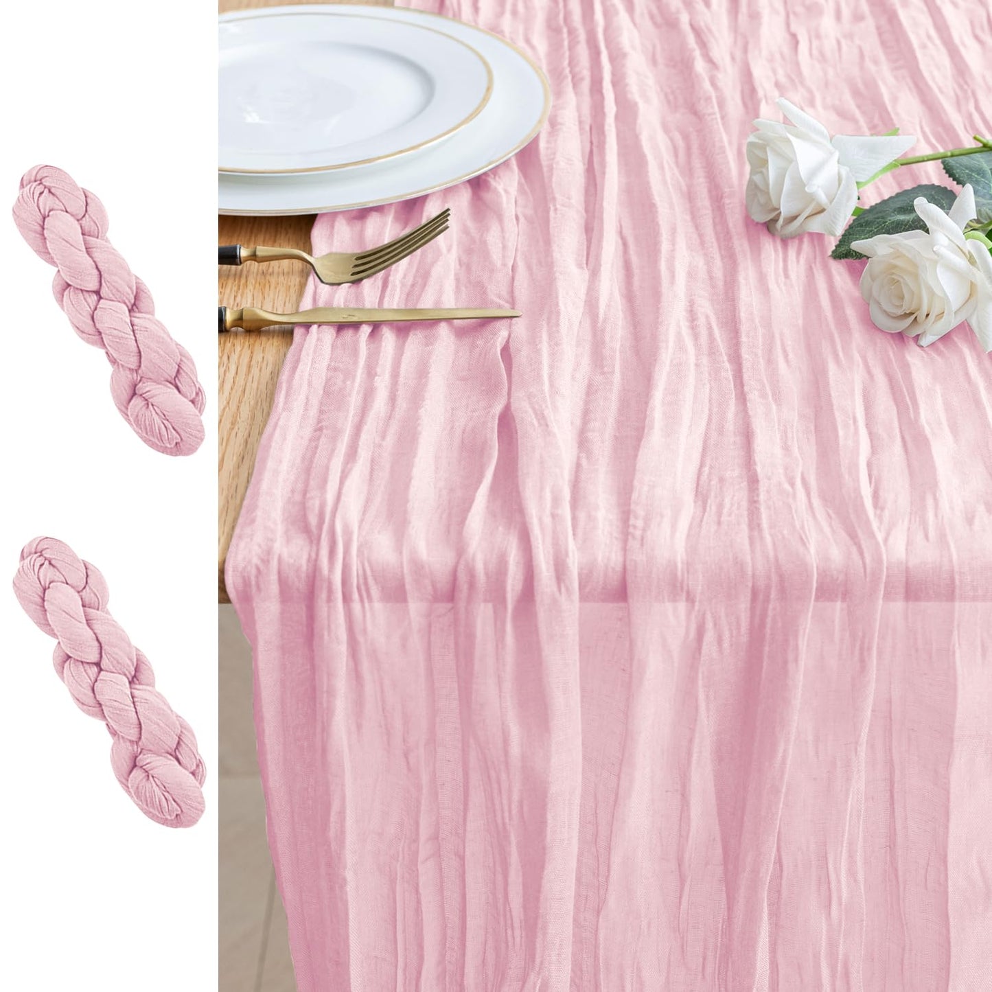 Xiomot 2PCS Table Runner Cheesecloth 10FT Blushing Pink Boho Gauze Cheese Cloth Rustic Sheer Table Runners for Summer Wedding Bridal Baby Shower Party Decoration