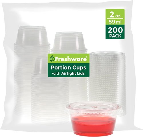 Freshware Plastic Portion Cups - 2 Ounce Disposable Cups with Lids for Meal Prep & Sauces | 200 Sets