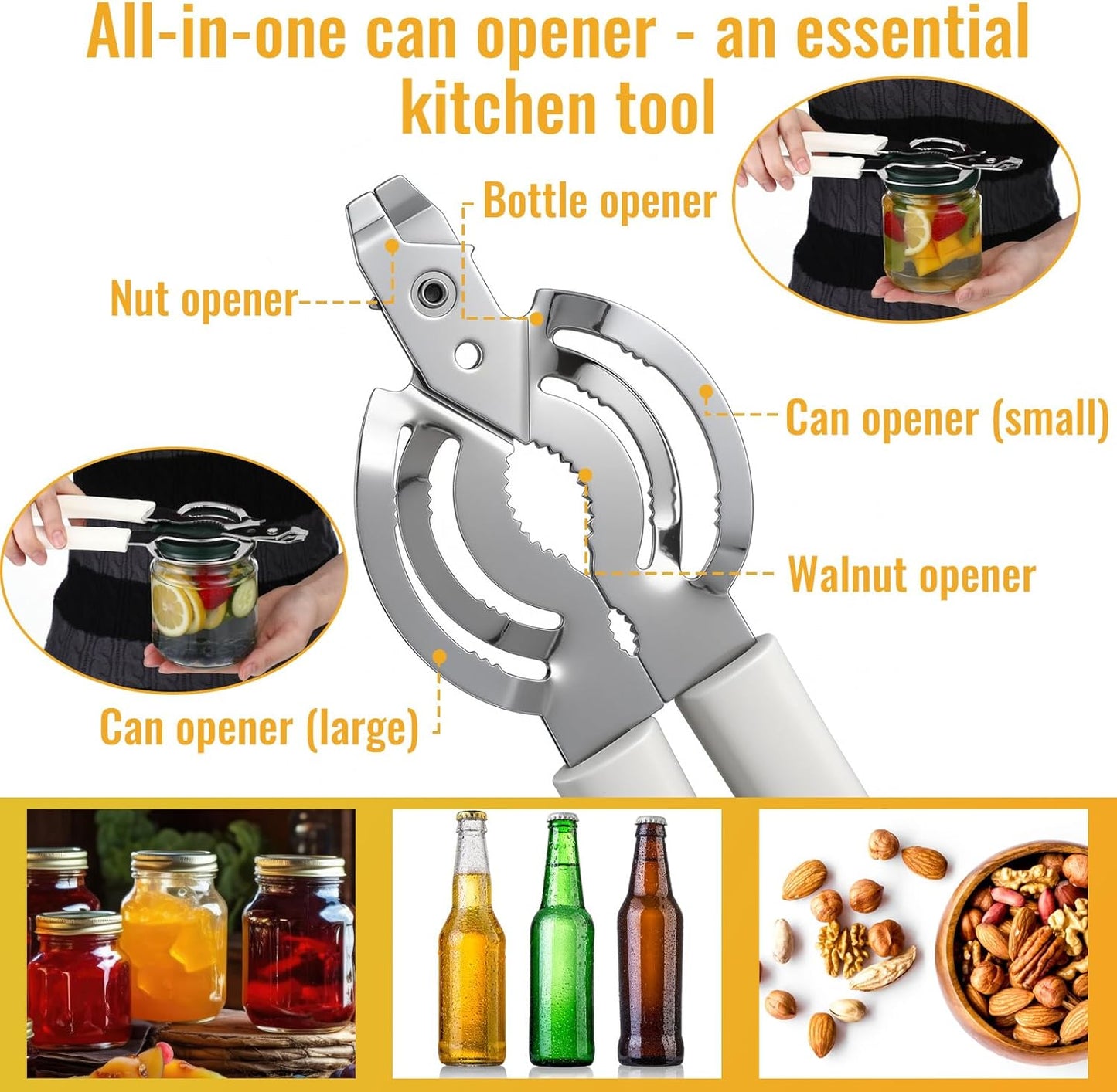 Universal Can & Jar Opener - Effortless Grip Bottle Opener for Seniors | Easy Twist Design, White