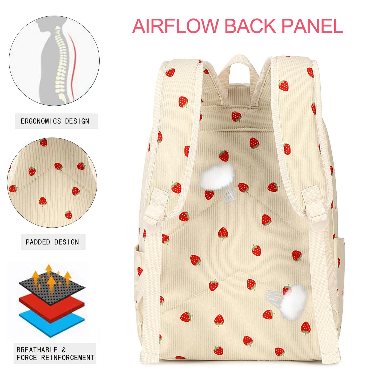 FADOVYE Kids Backpack for Girls Women School Bag Laptop Backpack Casual Daypacks with Lunch Box Pencil Case for Preschool Kindergarten Elementary Bookbag, Strawberry