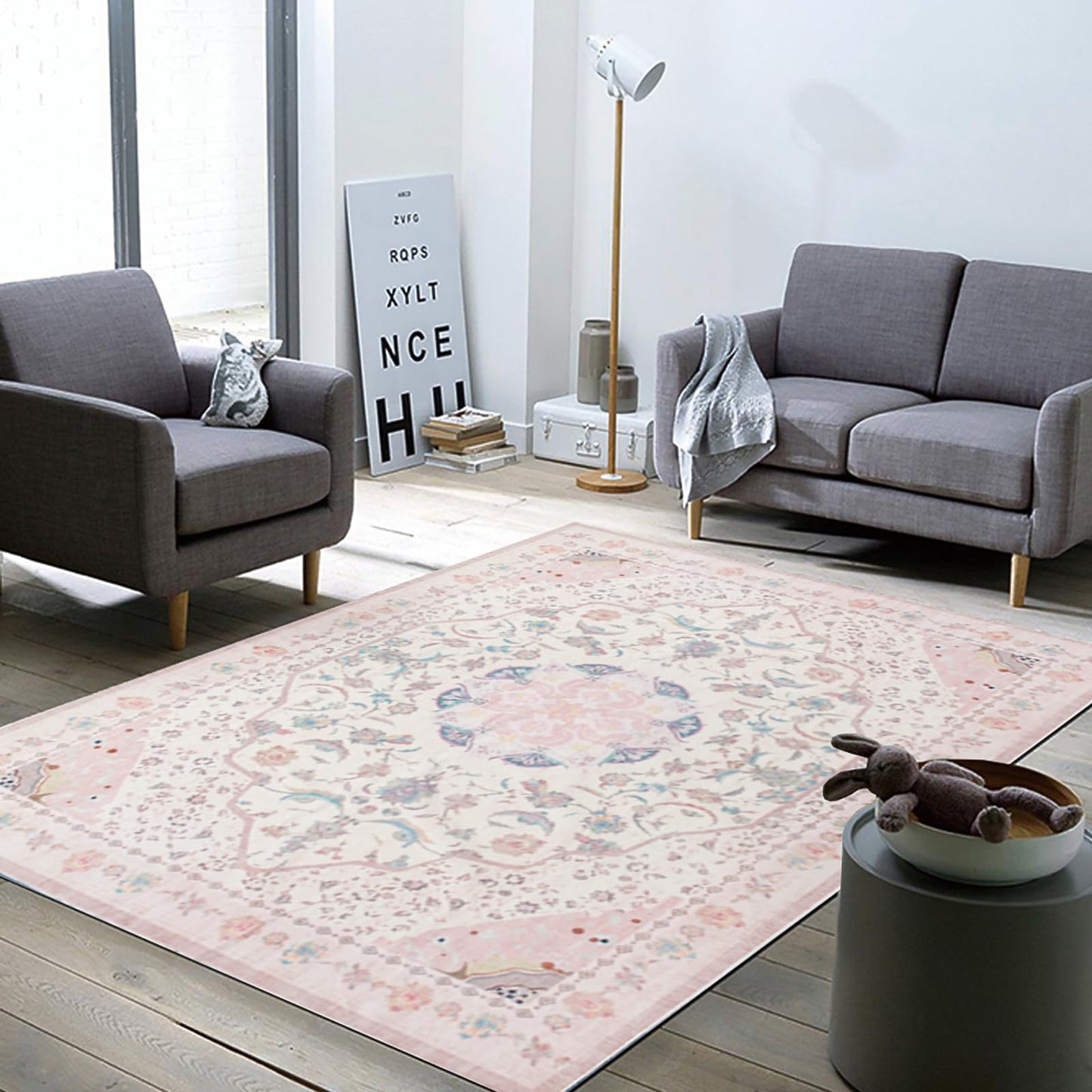 auruge Area Rug - Vintage 3x5 Non-Slip Backing Area Rugs Light Pink Soft Faux Wool Carpet Foldable & Machine Washable Rugs for Living Room Bedroom Dining Room Nursery Home Office