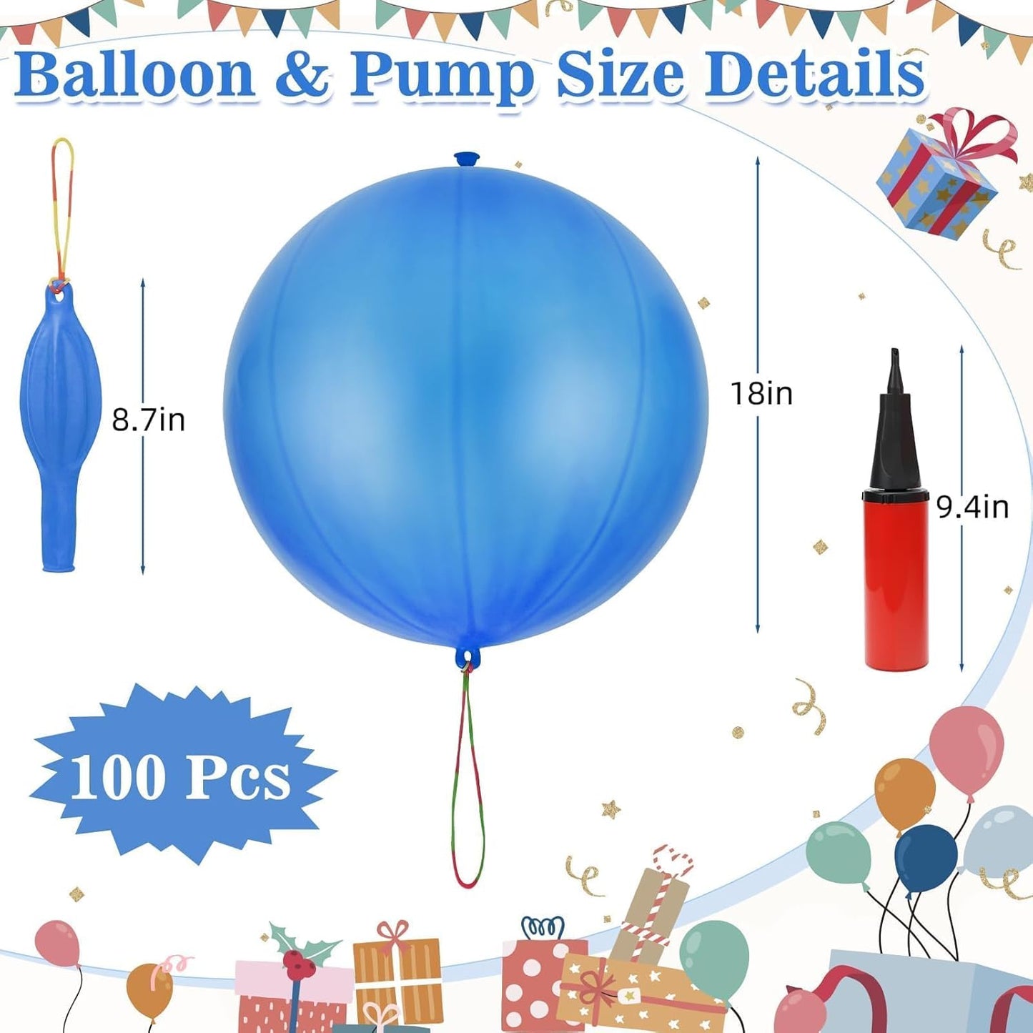 Skiennix Punch Balloons - Heavy Duty Halloween Party Favors with Rubber Band Handle & Air Pump | 100 Pcs Blue