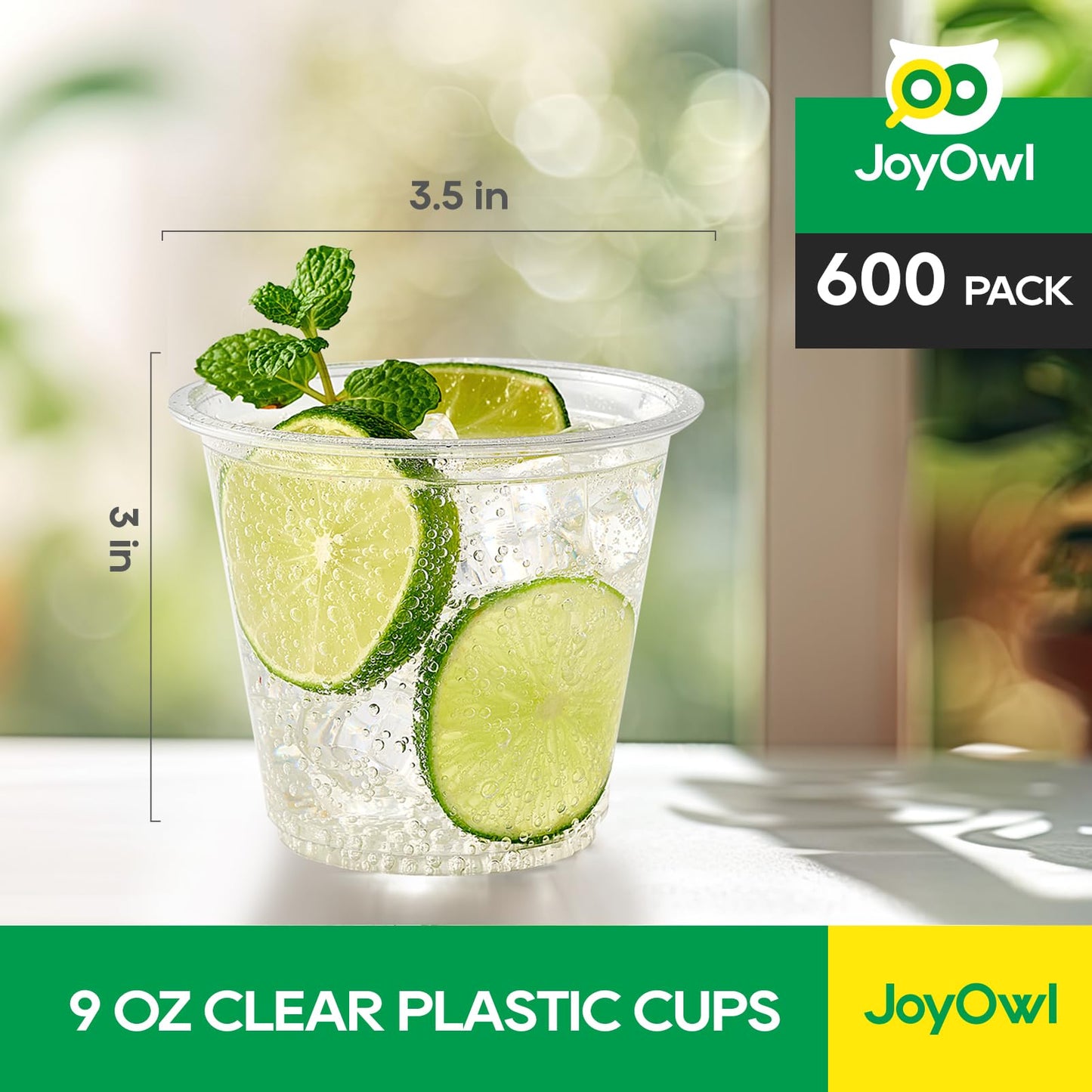 JoyOwl 300 Pack 9 OZ Clear Plastic Cups, Disposable Crystal Punch Cup, PET Plastic Party Cups for Iced Beverages, Juice and Cold Drinks