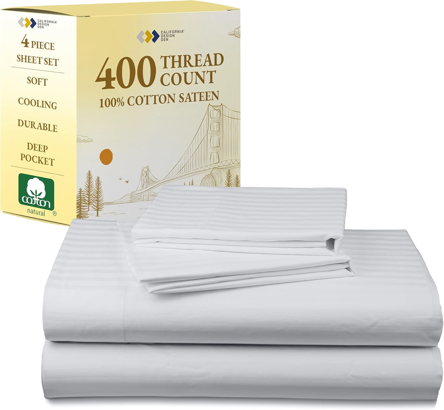 California Design Den King Sheet Set - 100% Cotton, 400 TC, Silky Smooth Sateen, Deep Pockets | Striped White