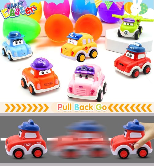 AMENON 6 Pack 3.8" Jumbo Easter Eggs Filled with Pull Back Cars, Easter Eggs with Toys Inside 6 Style Pull Back Car for Kids Toddlers Boys Girls Basket Stuffers Fillers Egg Hunt Party Favors Gifts