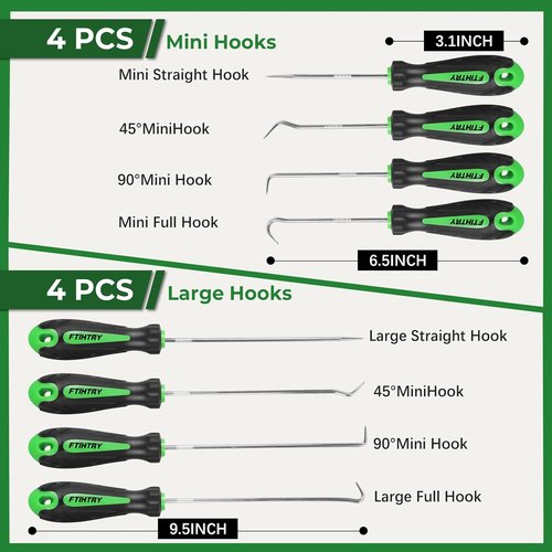 FTIHTRY 8-Piece Precision Automotive Pick and Hook Set - Mini Oil Seal & O-Ring Remover (Green)