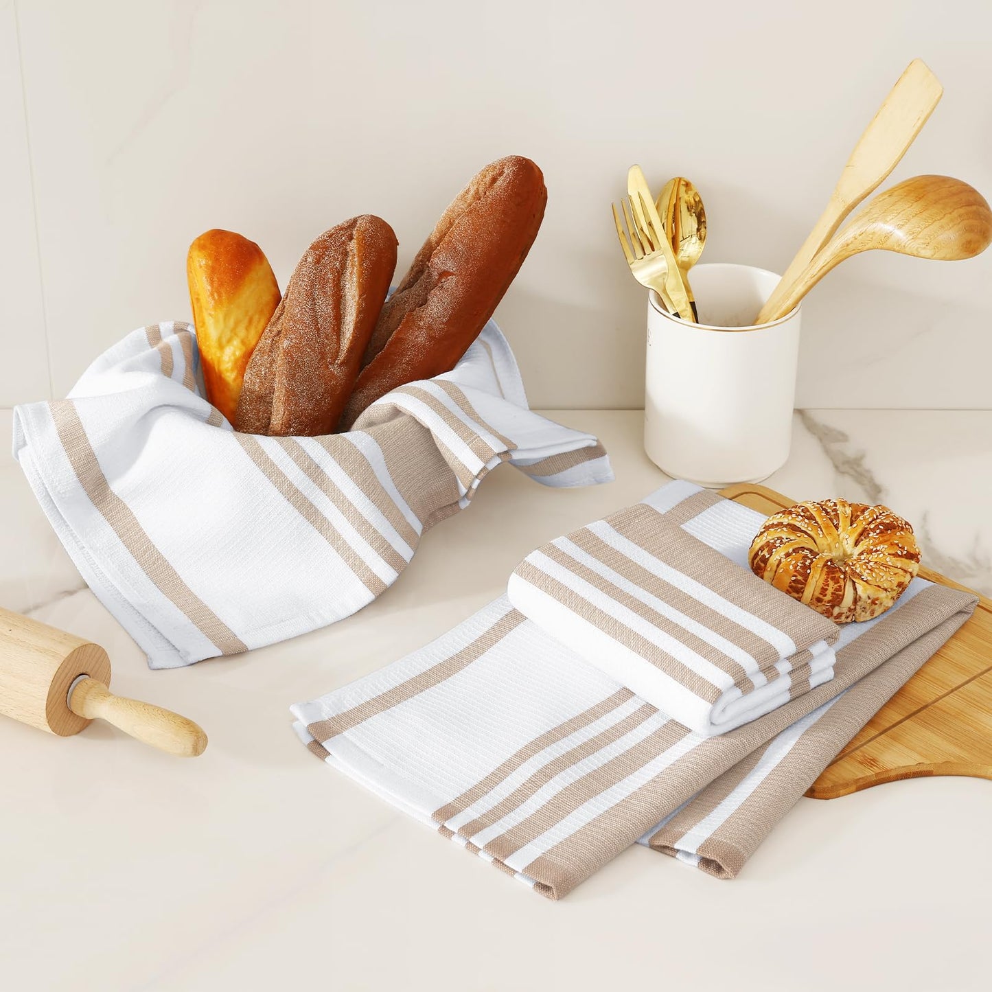 Homaxy Premium Kitchen Towels 18”x 28”, Large Cotton 380 GSM Kitchen Hand Towels, Stripe and Terry Dish Towel, Highly Absorbent Tea Towel Set with Hanging Loop, 6 Pack, Khaki