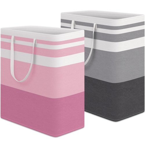 HomeHacks 2 Pack Large Laundry Baskets, Waterproof, Freestanding Laundry Hampers, Collapsible Clothes Hamper with Reinforced Handles in Laundry, College Dorm, Bathroom, Bedroom (Grey+Pink, 100Lx2)