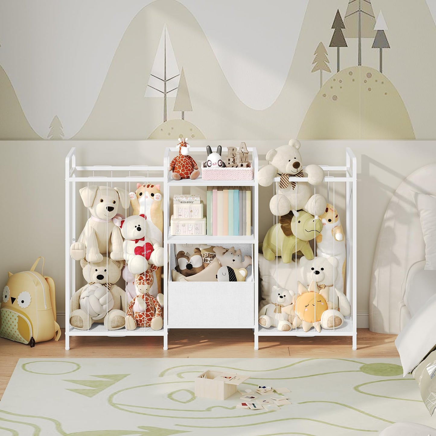 MAHANCRIS Stuffed Animal Storage, Large Stuffed Animal Net with Kids Bookshelf and Toy Storage, Double-Sided Plush Toy Holder with Movable Fabric Box for Kids Room, Playroom, Nursery, White TBWT17101