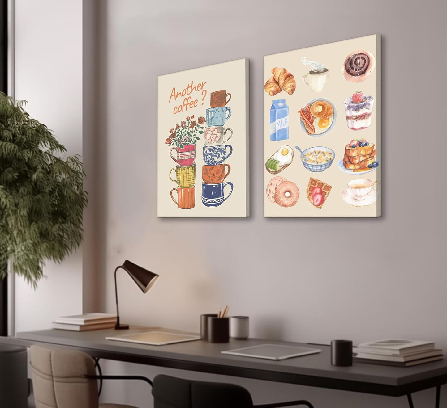 Skiennix Modern Coffee Canvas Wall Art - Colorful Croissant & Coffee Cups Print | Framed Dining Room Decor
