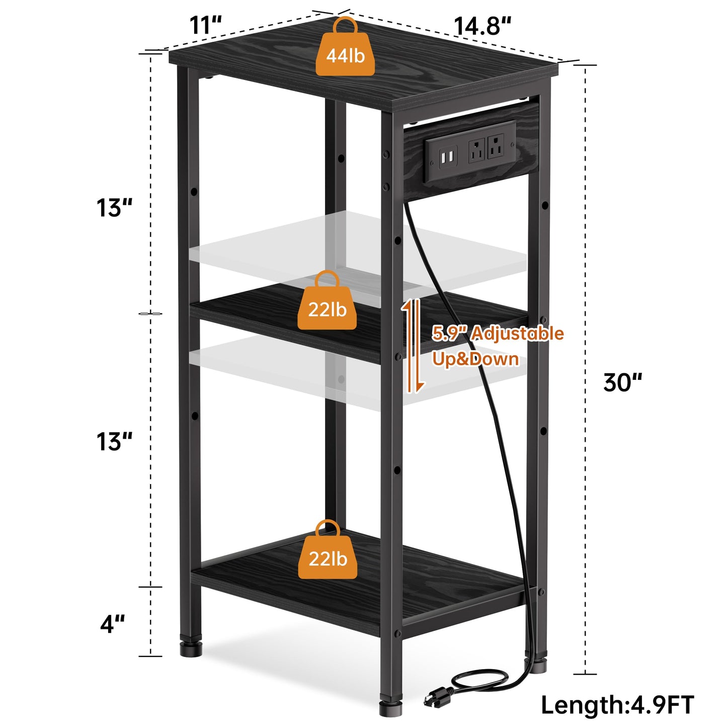 Asgolion Tall Nightstand with Charging Station, 3 Tier Narrow Tall End Table with Storage, Slim Side Table with USB Ports and Outlets for Bedroom, Living Room, Office, Black