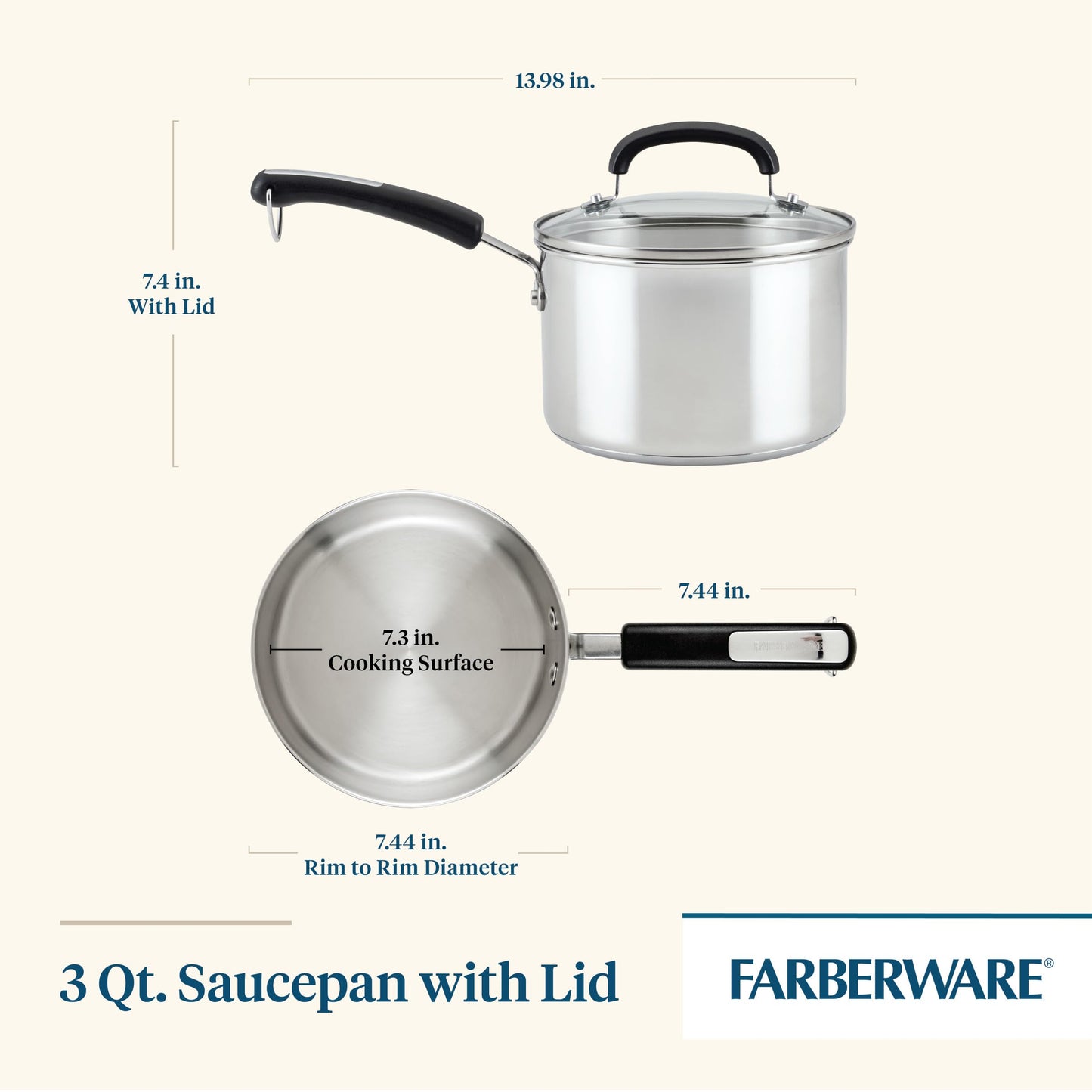 Farberware Brilliance Stainless Steel Saucepan/Saucepot with Glass Lid, 3 Quart, Dishwasher Safe and Induction Ready, Compatible with All Cooktops, Stainless Steel