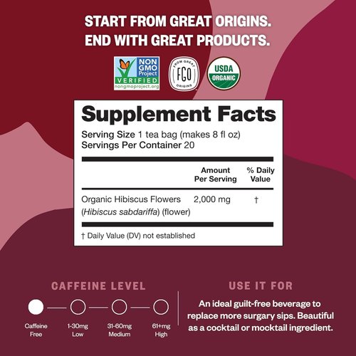 FGO Organic Hibiscus Tea - Caffeine-Free Eco-Conscious Tea Bags | 100 Count Pack