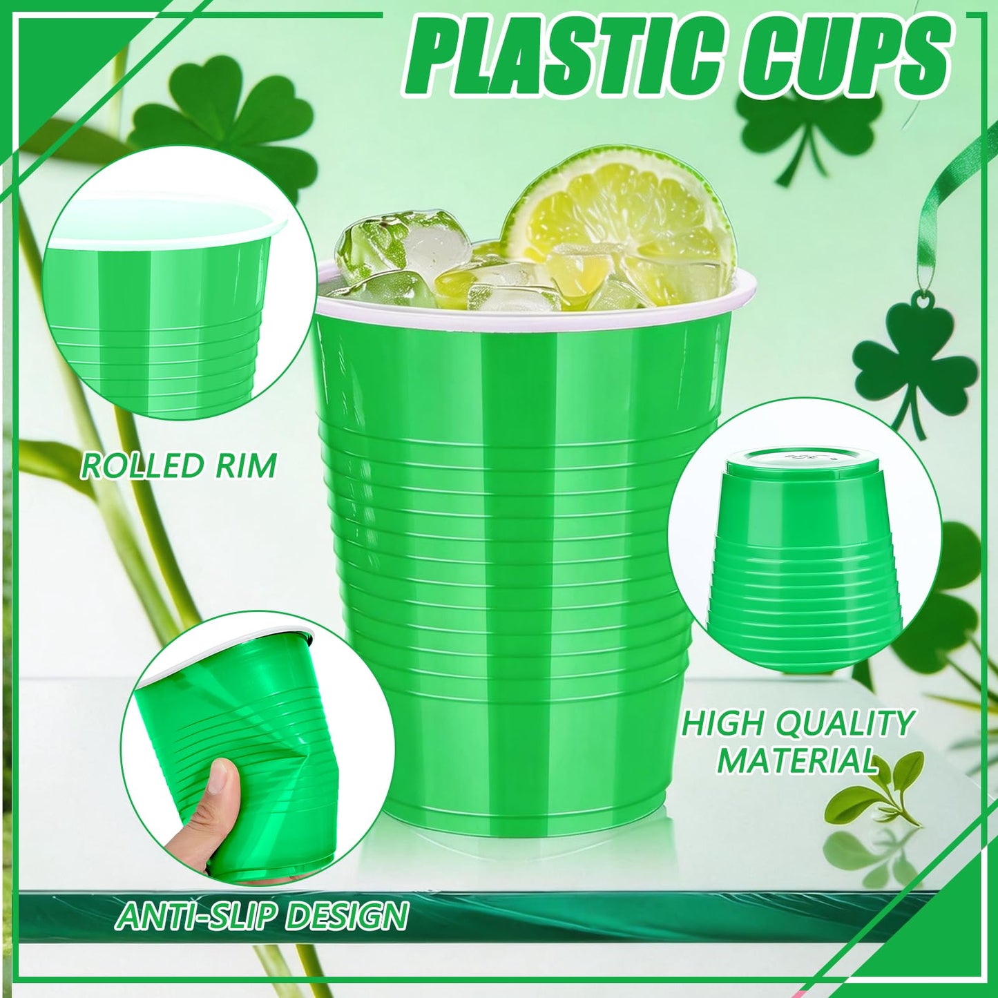 Dualshine 100 Pack Green Plastic Cups 18 oz, Disposable Heavy Duty Drinking Cups for St Patrick's Day, Graduation Cup for Christmas Wedding Birthday Beer Taste Serving Snack Sample Tastings Barbecues