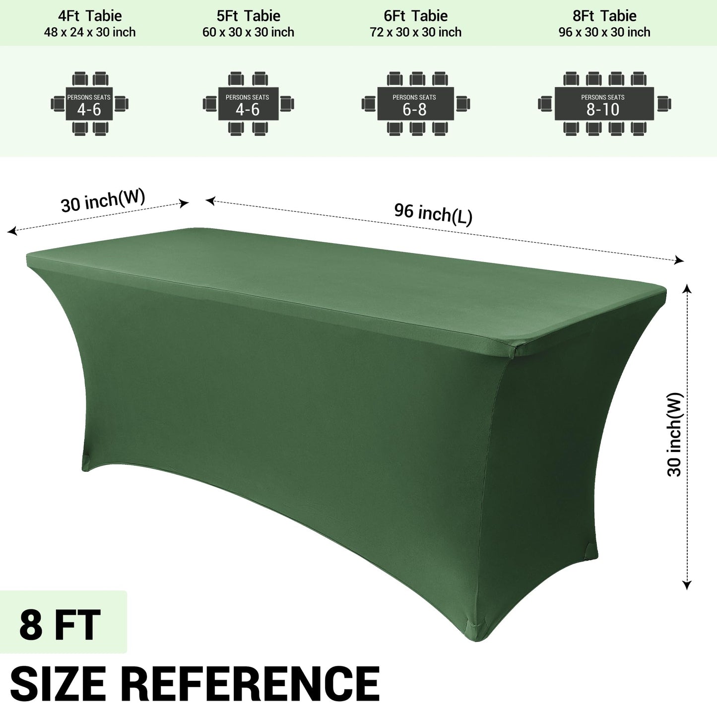 Obstal 8Ft Stretch Spandex Table Cover for Standard Folding Tables - 2 Pack Universal Rectangular Fitted Tablecloth for Party, Banquet, Events, Trade Show (Blackish Green, 96L x 30W x 30H Inches)
