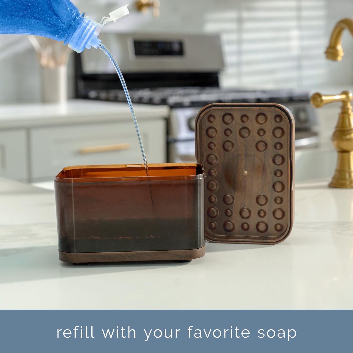 S&T INC. Dish Soap Dispenser and Sponge Holder for Kitchen Sink, Waterproof Labels and Sponge Included, 13 Ounces, Plastic, Walnut and Amber