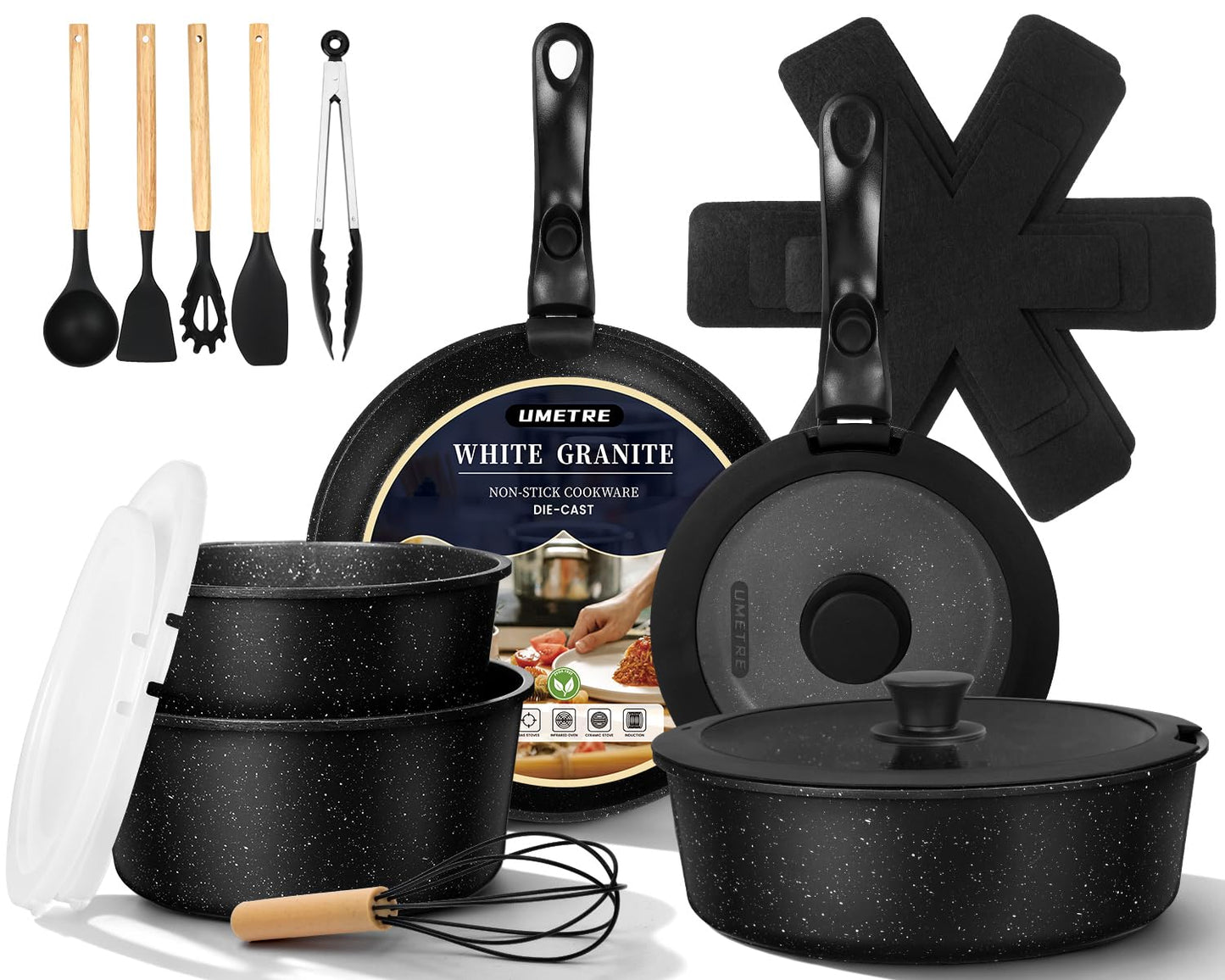 UMETRE pots and Pans Set, Nonstick Cookware Set Detachable Handle, Induction Kitchen Cookware Sets with Removable Handle, Non Stick RV Cookware Set, Dishwasher ＆ Oven Safe (21 PCS)