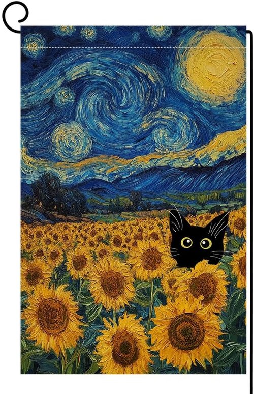 BLKWHT Cat Garden Flag - Summer Sunflower Design, Double-Sided, 12x18 Inches | Blue Sky Welcome Decor