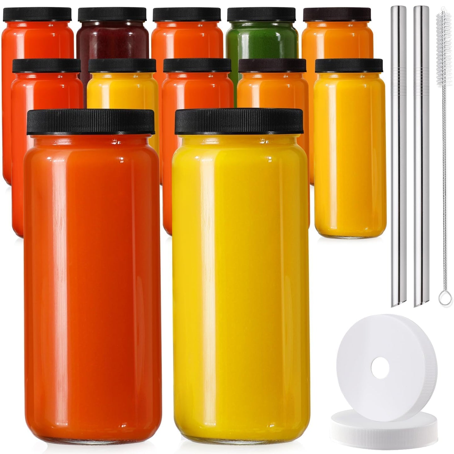 12 PACK Glass Juice Bottles with 12 Airtight Lids & 2 Straw Hole Lids & 2 Straws - 16OZ Travel Juicing Jars, Drinking Water Cups - Reusable Tall Mason Jar for Juice, Bubble Tea, Smoothie, Kombucha
