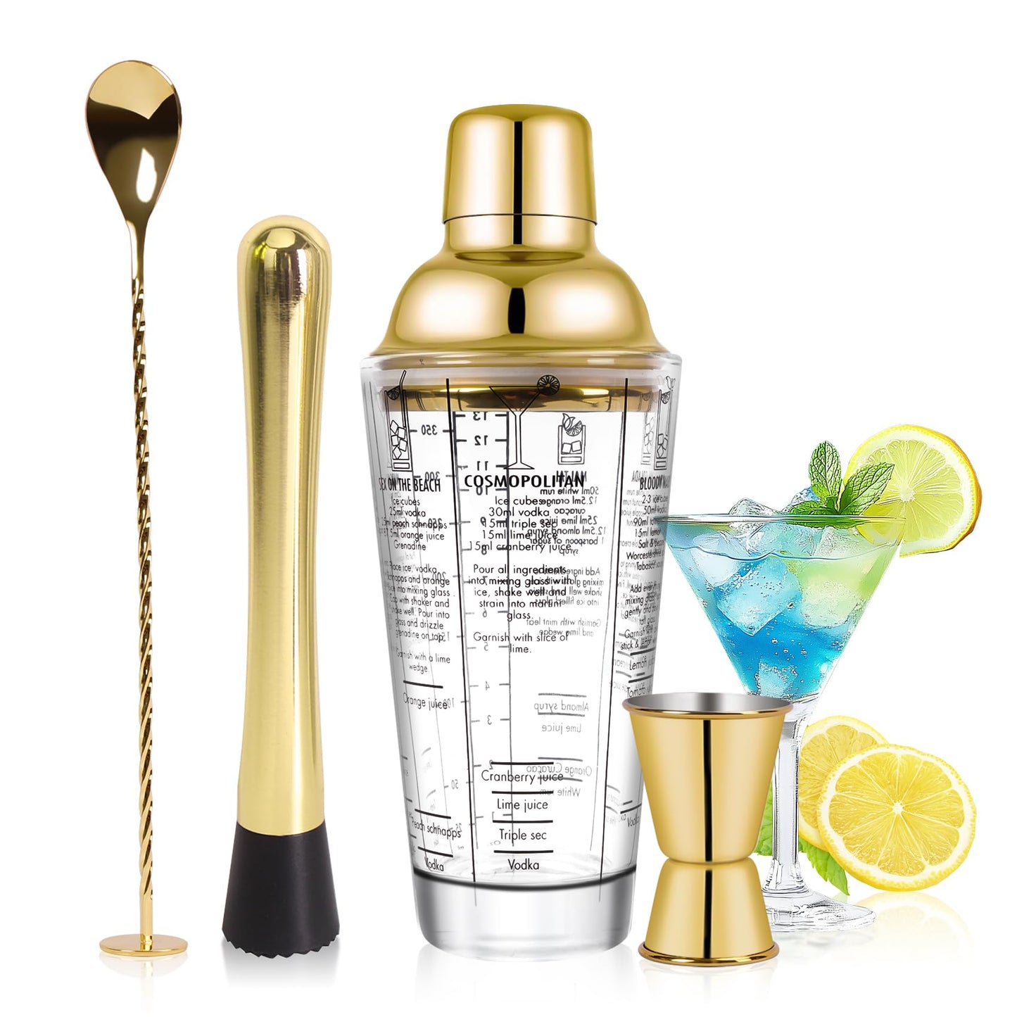 SAVORLIVING 14oz Glass Cocktail Shaker Set, 4PCS Bartender Kit, Martini Mixer Shaker with Built-in Strainer, Mixing Spoon, Measuring Jigger & Muddler, Bar Tool Set for Beginners Use (Gold)