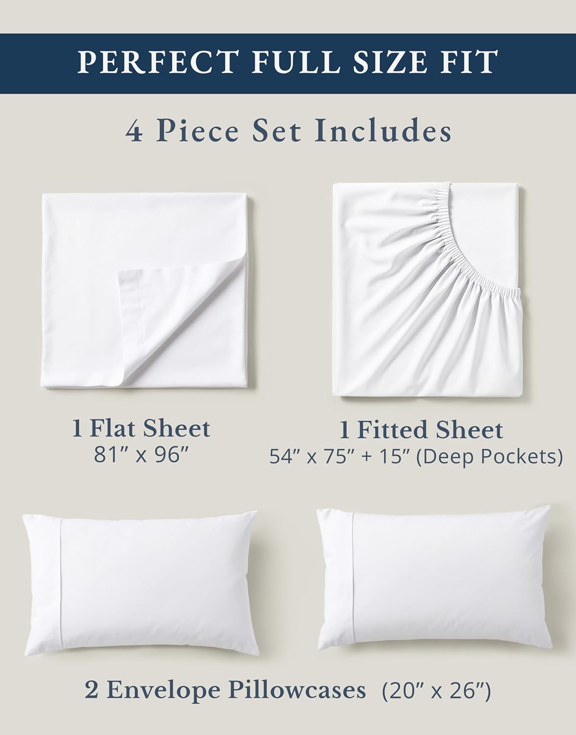 LANE LINEN 100% Organic Mercerized Cotton Full Size Bed Sheets - Soft, Comfy & Fade Resistant, 15" Deep Pocket - White