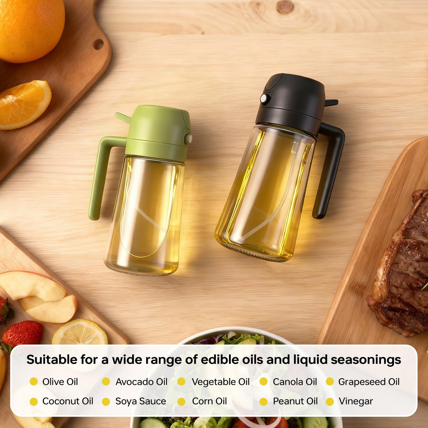RMNJPW 2Pcs Glass Oil Sprayer for Cooking 16oz/470ml, Kitchen Gadget for Air Fryer, Salad, BBQ, Frying（Black+Green）
