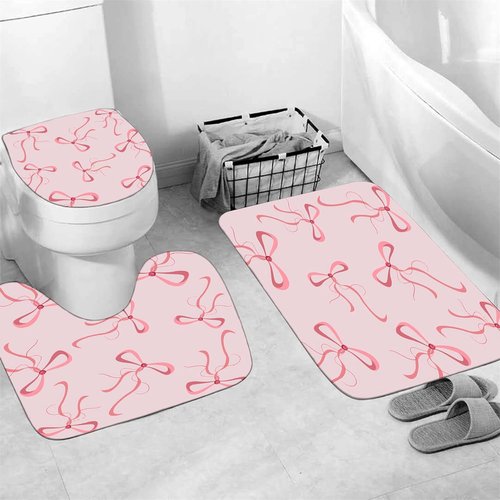 AZHM Pink Bow Shower Curtain Set - Cute Aesthetic Bathroom Decor with 12 Hooks & Accessories