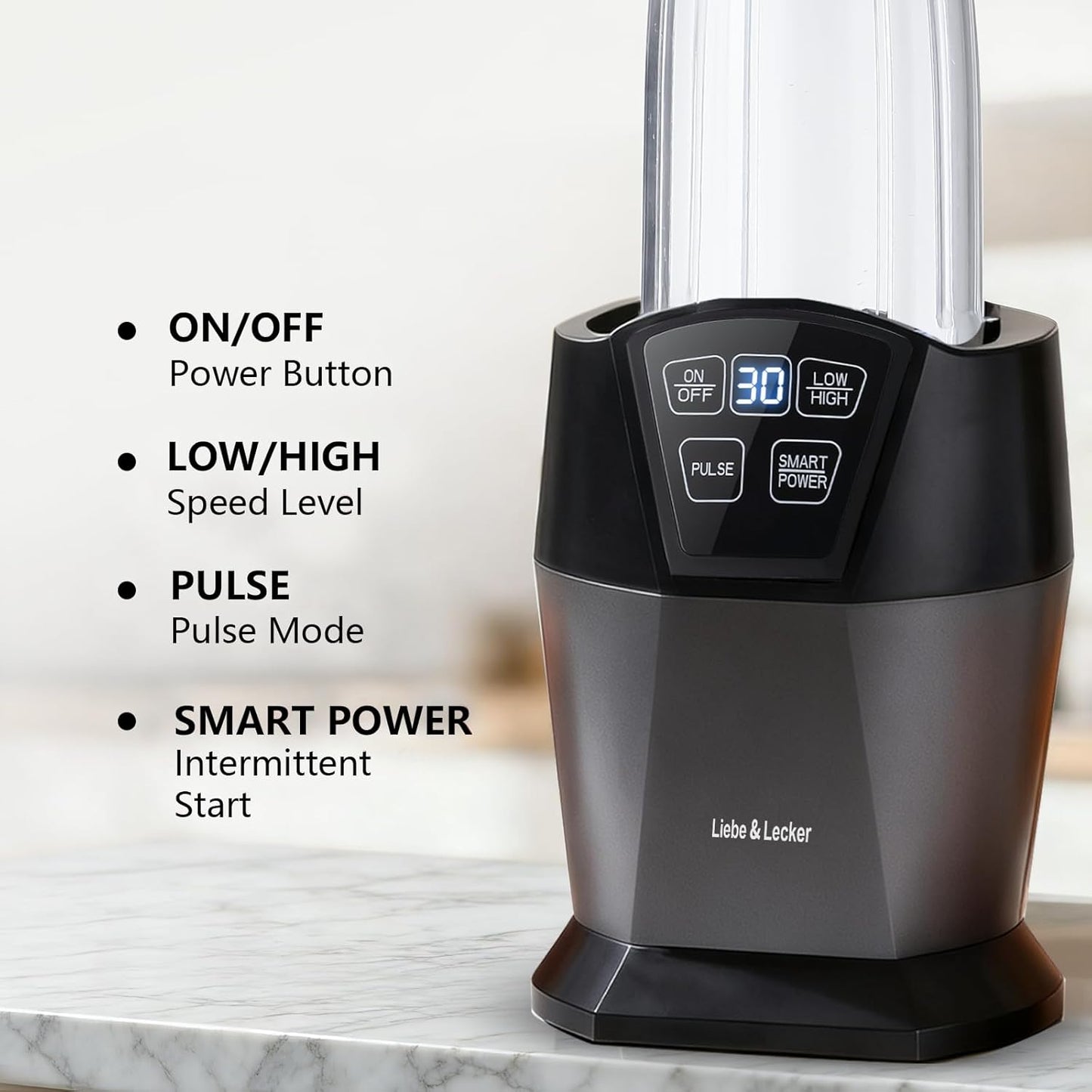 Liebe&Lecker Smoothie Blender - 1200 Peak Watts Personal Blender with 2 To-Go Cups & Solid Lid for Smoothies