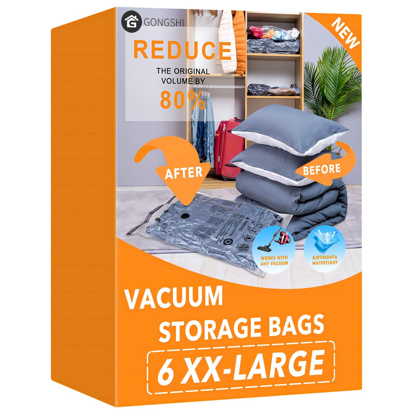 GONGSHI Vacuum Storage Bags, Space Saver Seal Bags For Clothing, Travel Luggage,Blankets, Comforters, Pillows, Clothes Storage.6 XX Large