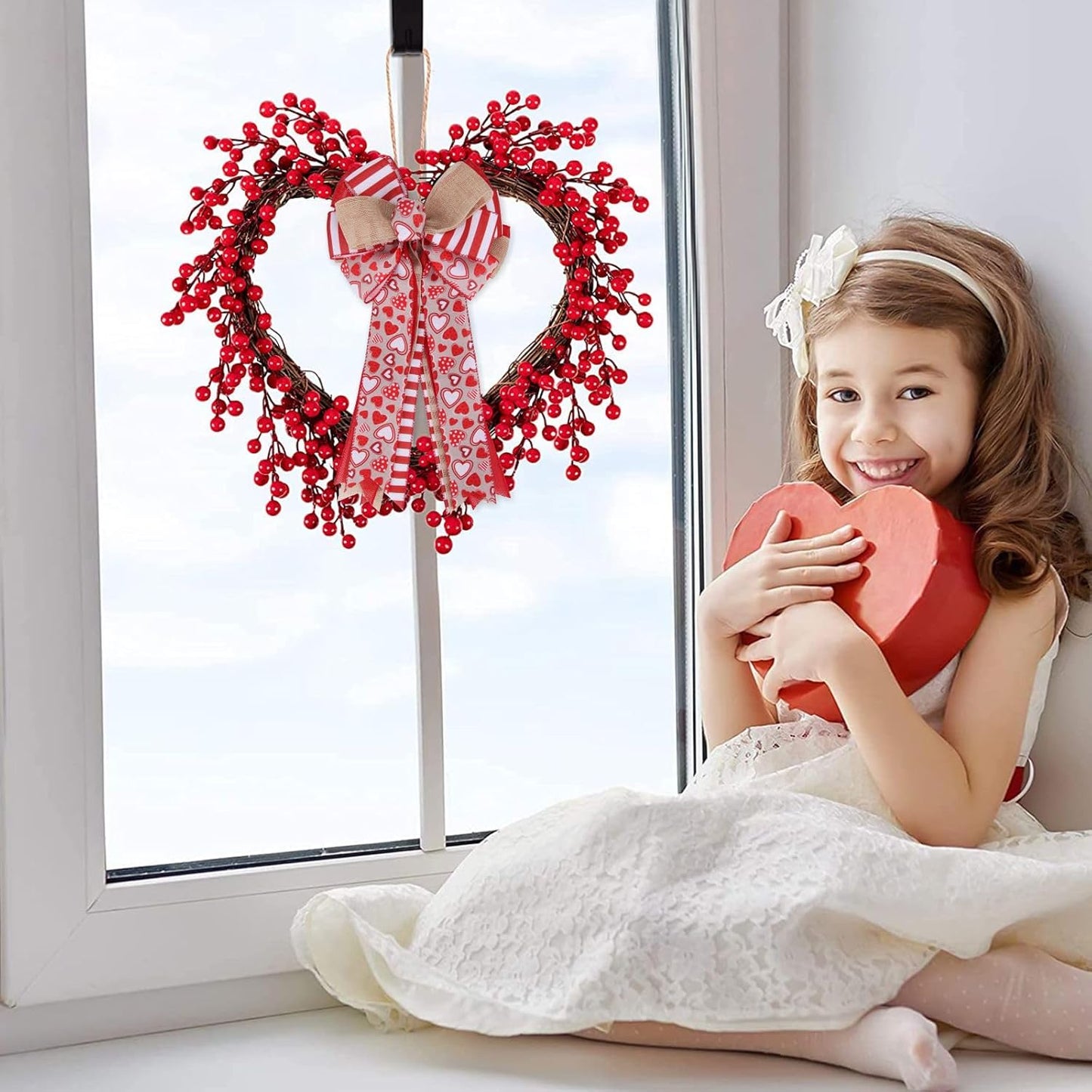 Meseey Valentine's Day Tree Topper Bow - Red Heart Printed Burlap Wreath for Home Decor | Indoor/Outdoor Use