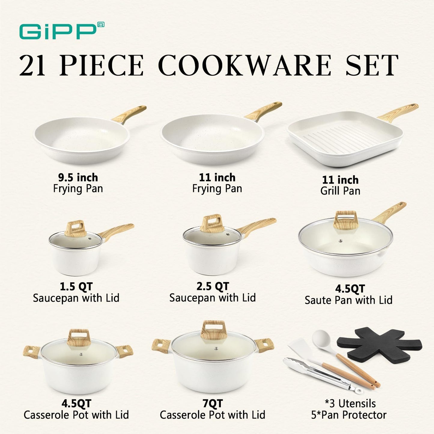 GiPP 21Psc Pots and Pans Set Non Stick White Granite Kitchen Cookware Sets Nonstick Induction Cookware Non-toxic Cooking Pan Set with Silicone Utensils, PFOS and PFOA Free