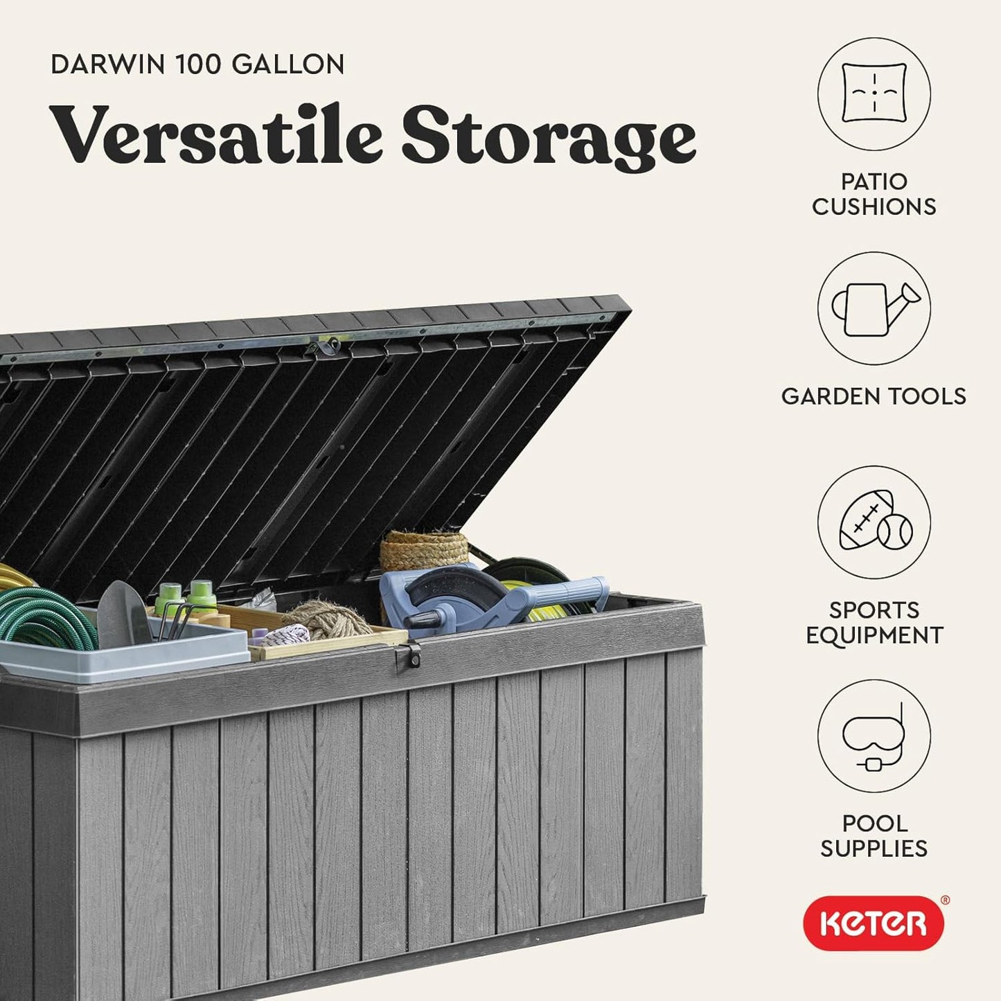 Keter Darwin 100 Gallon Resin Deck Box - Outdoor Storage for Furniture, Cushions & Tools | Grey & Black