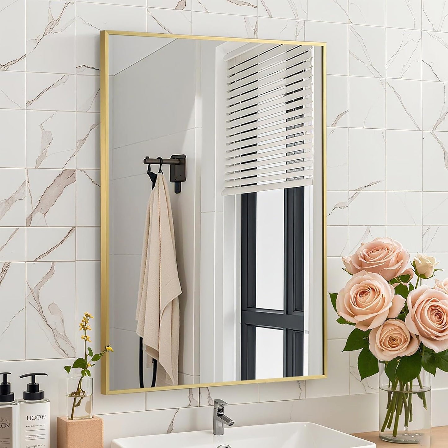 CLBA Brushed Gold Mirror, 30x36 Inch Aluminum Framed Square Corner Wall Mirror for Over Sink, Vanity, Horizontal/Vertical