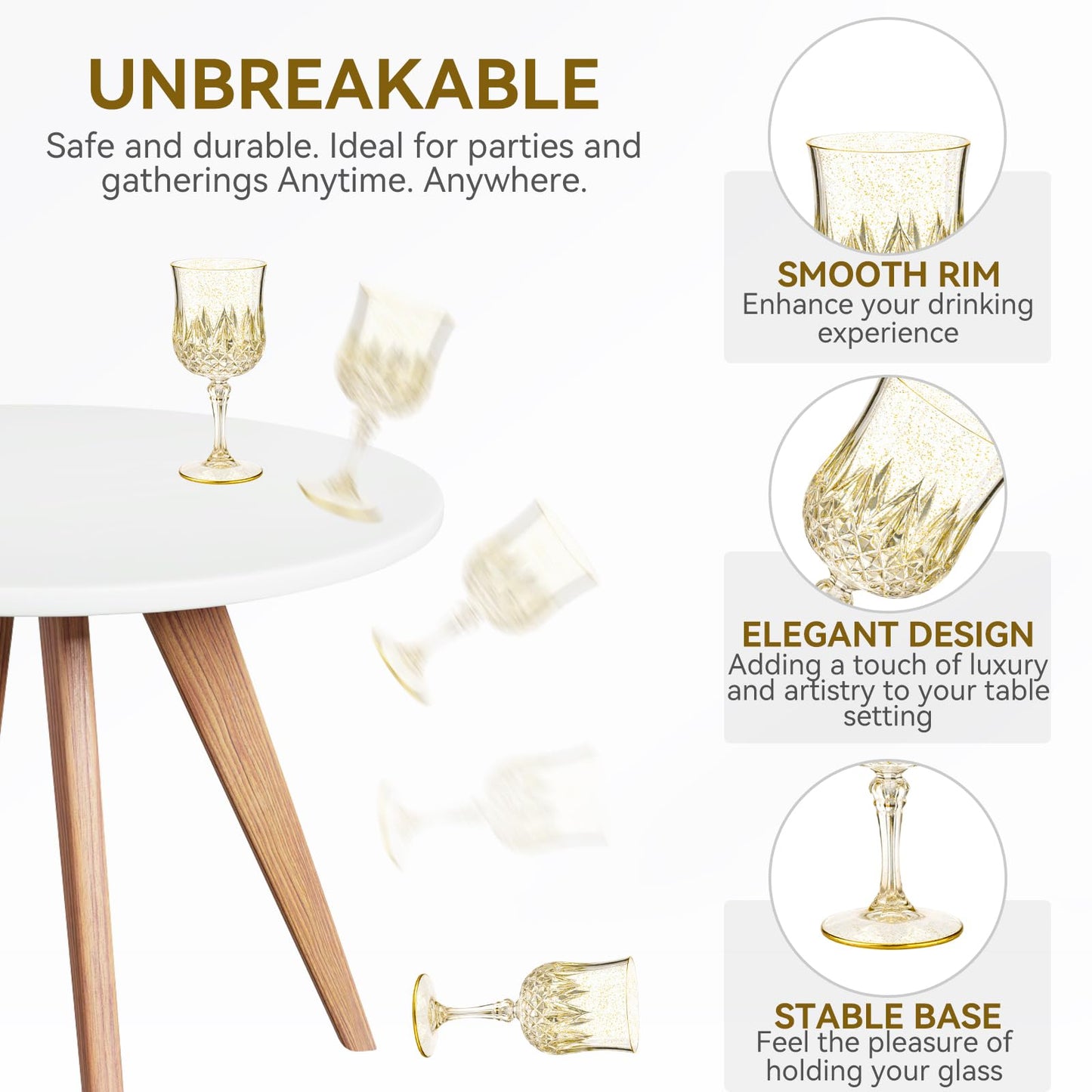 Sliner 48 Pcs Plastic Wine Glasses 7oz Vintage Drinking Goblets Unbreakable Crystal Water Glassware Reusable Diamond Champagne Flutes Cups for Wedding Banquet Birthday Party Supplies(Gold Glitter)