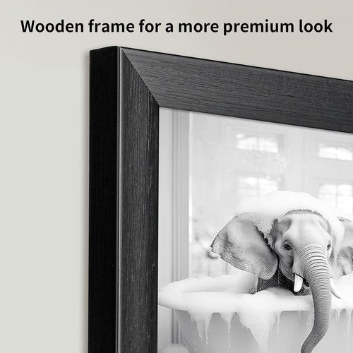 Animal Bathroom Wall Art - Funny Black and White Elephant Framed Poster | 10" L x 8" W