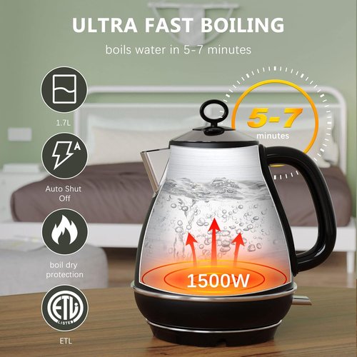 Evoloop Electric Kettle - 1.7L BPA-Free Stainless Steel Tea Kettle with Auto Shut-Off & Boil-Dry Protection | Black