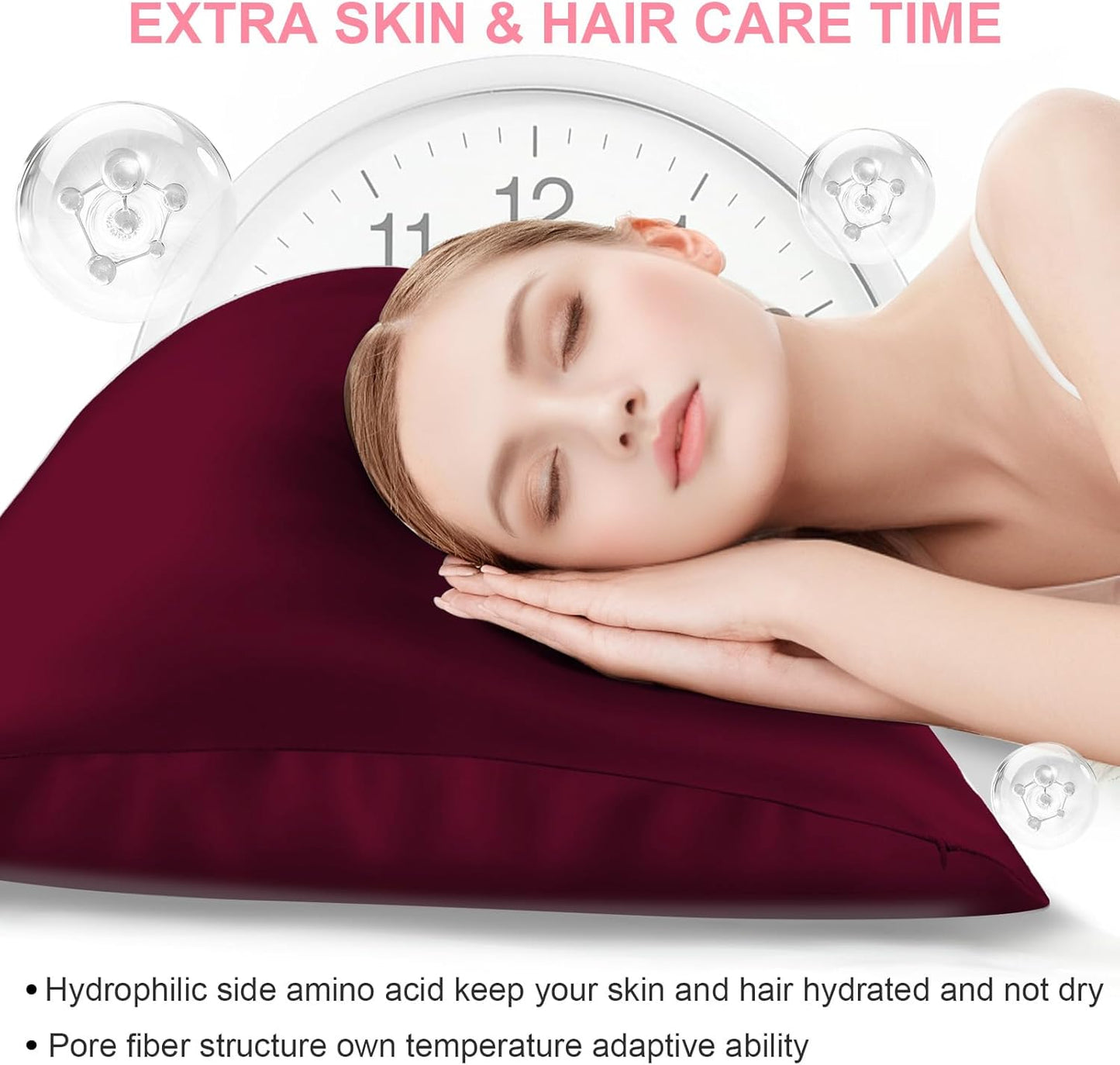 Skiennix Mulberry Silk Pillowcases - 2 Pack Queen Size with Hidden Zipper | Smooth, Breathable, Cooling - Burgundy Red