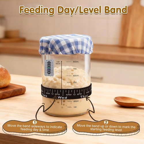 Bakedon 34oz Sourdough Starter Jar Kit,Wide Mouth Sourdough Starter Container with Feeding Tracking Band, Silicone Spatula&Sourdough Starter Kit-Baking Supplies(2 pack). (Blue)