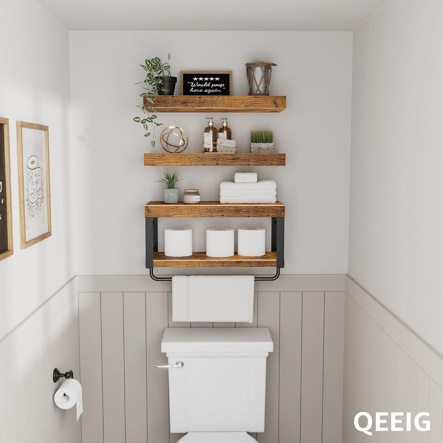 QEEIG Floating Bathroom Shelves - Rustic Brown Over Toilet Storage | Set of 3, 16 Inch